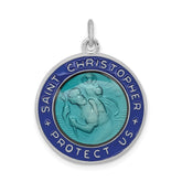 Sterling Silver Blue Enameled St. Christopher Medal Pendant, 20mm Diameter